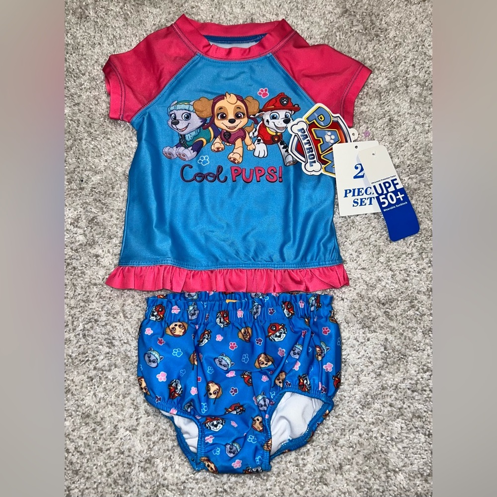 Nickelodeon Paw Patrol Baby Girl 3-6 Months  Rash Guard & Swim Diaper Set UPF 50